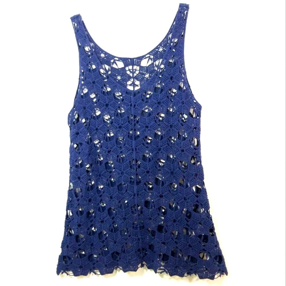 Star flower sheer crochet knit navy blue tank top